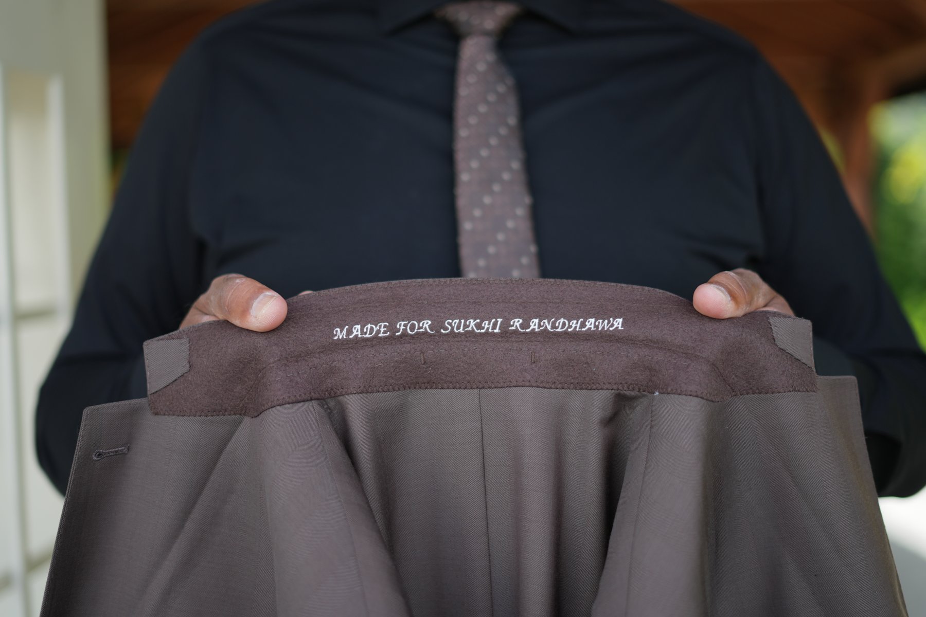 Interior construction and lining detail — 'Made for' personalisation inside every Suited Booted & Co. jacket
