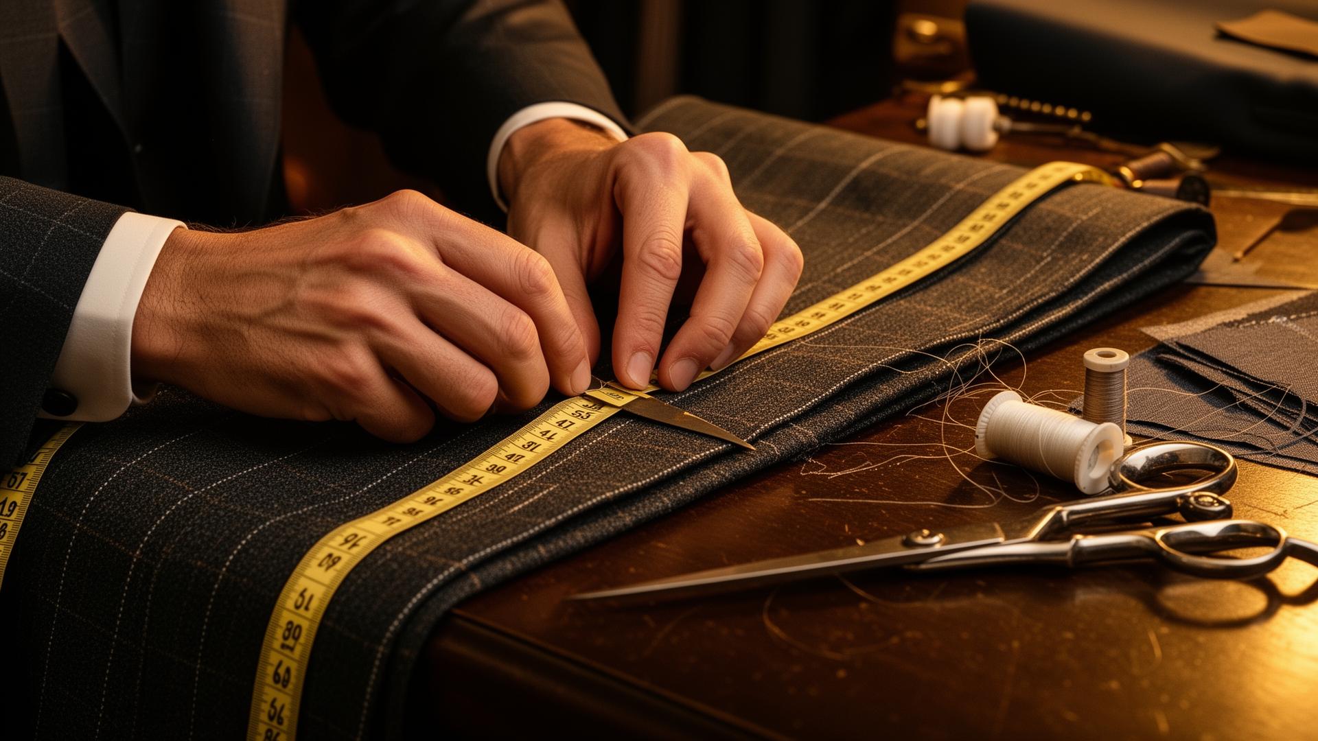 Master tailor's hands measuring bespoke suit fabric with precision tools