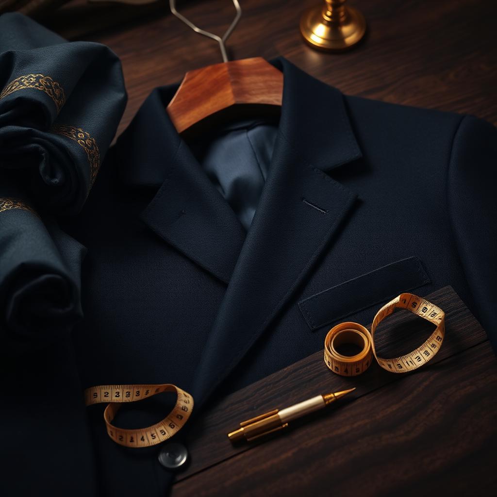 Navy bespoke suit jacket on a wooden hanger with premium wool fabric, tailor's measuring tape and gold pen on a dark walnut surface