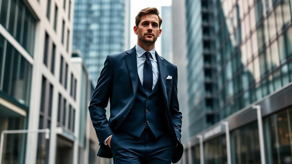Man in perfectly fitted bespoke navy suit walking through downtown Vancouver
