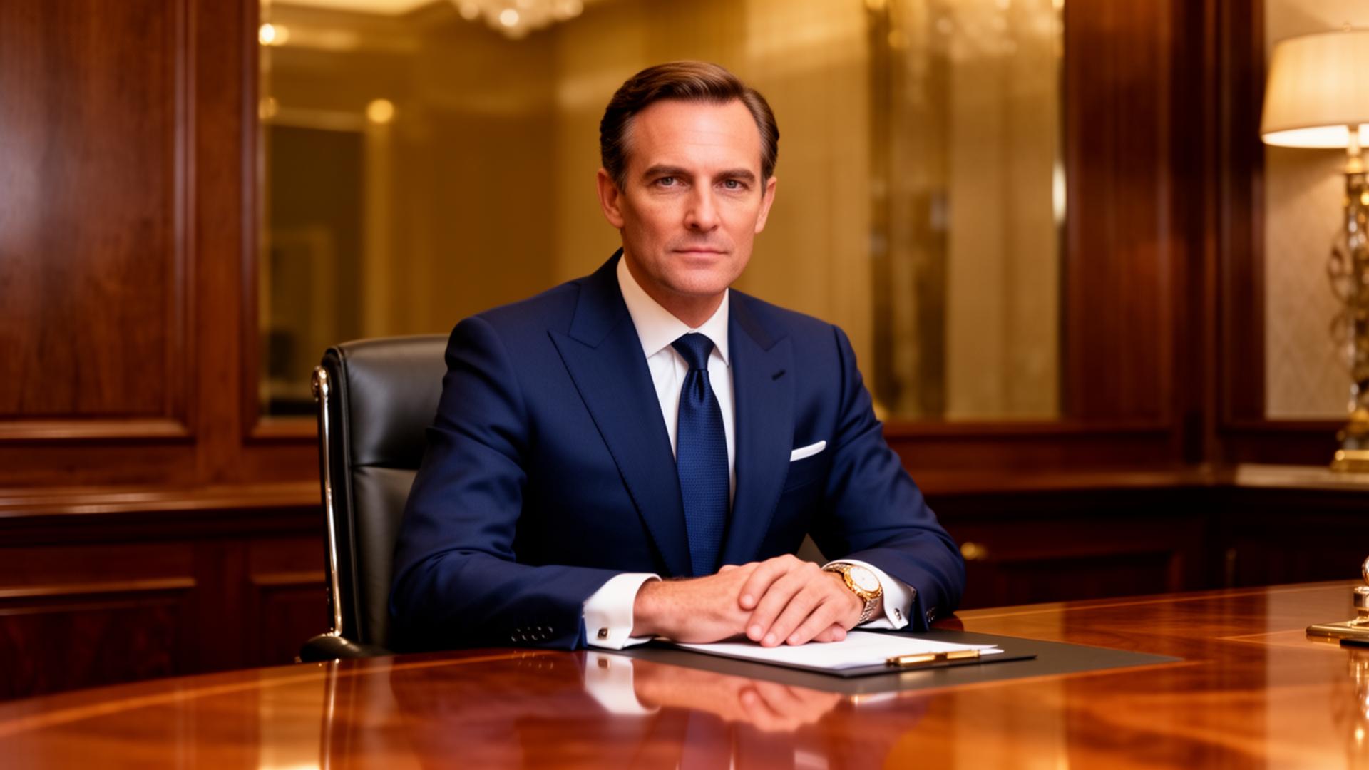 Executive in a tailored navy bespoke suit seated at a polished boardroom table