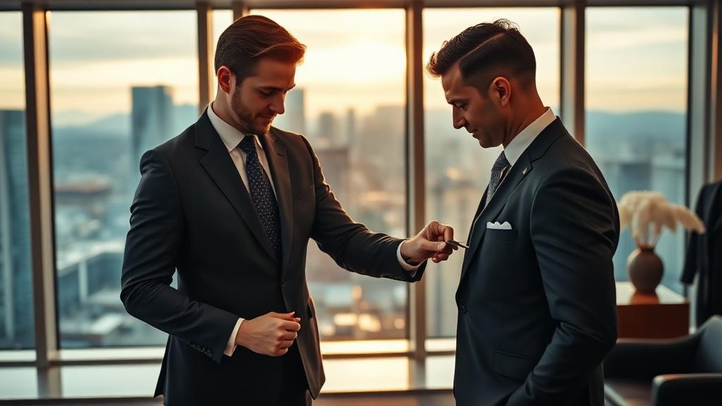 Professional custom suit fitting in a Vancouver office with city skyline