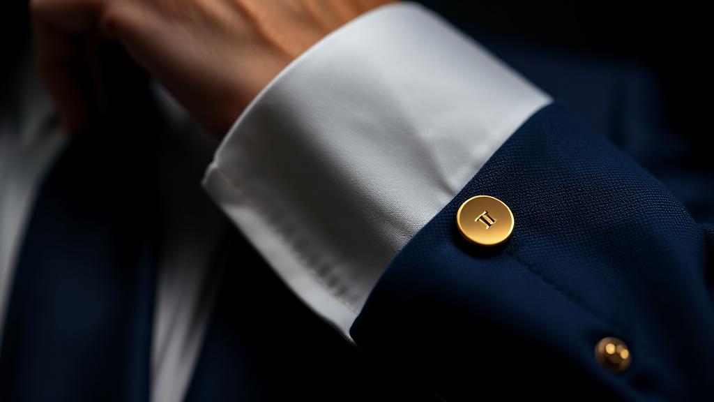 Close-up of luxury bespoke suit details showing fine stitching and gold cufflinks