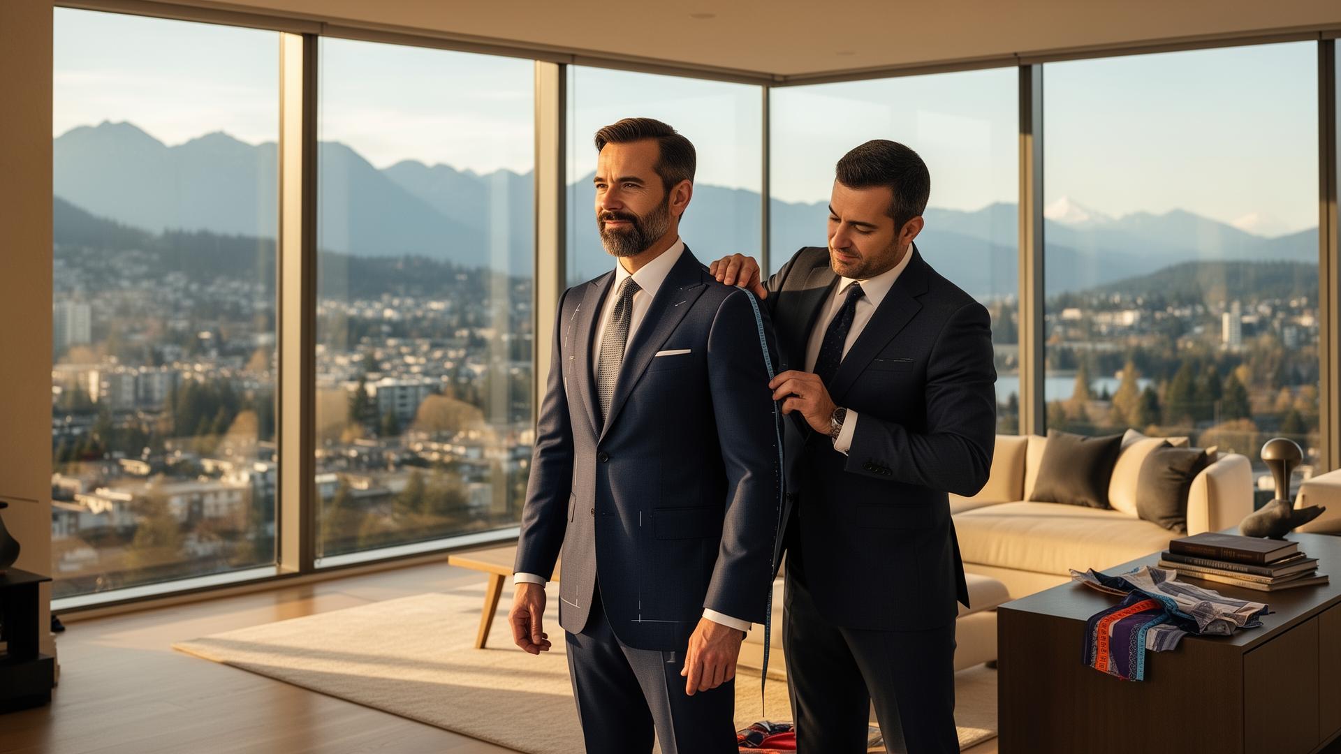 Professional tailor fitting a custom suit on an executive in a Vancouver luxury home