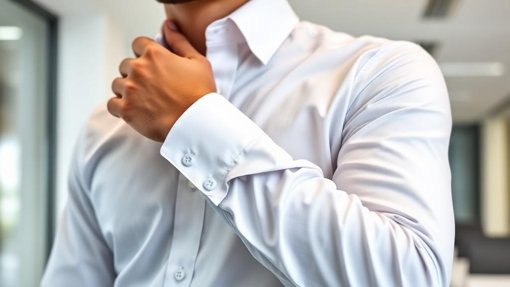 Professional man in a perfectly fitted custom white dress shirt adjusting his collar