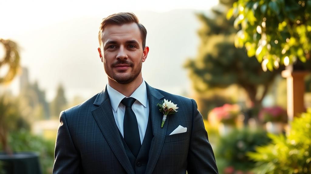 Groom in a bespoke charcoal suit with boutonniere at a Vancouver garden wedding venue